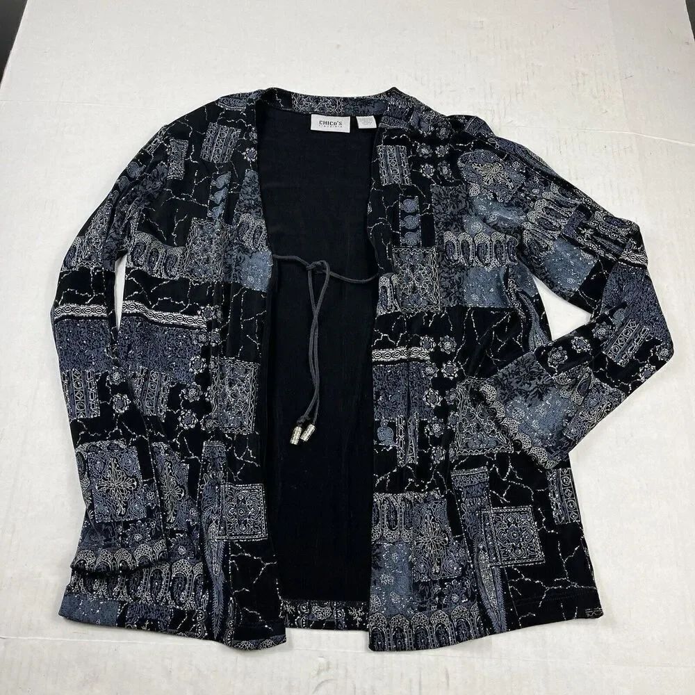 Chicos Travelers Evening Cardigan Jacket Abstract Print Tie Front Top 1 MEDIUM